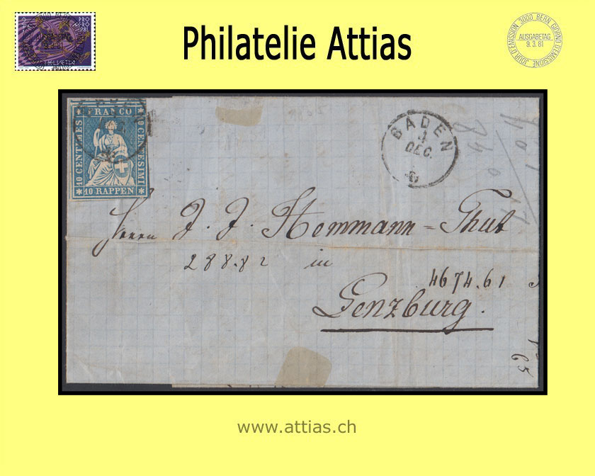 CH 1854-62 Strubel 23G-B4 10 Rp. Brief von Baden nach Lenzburg