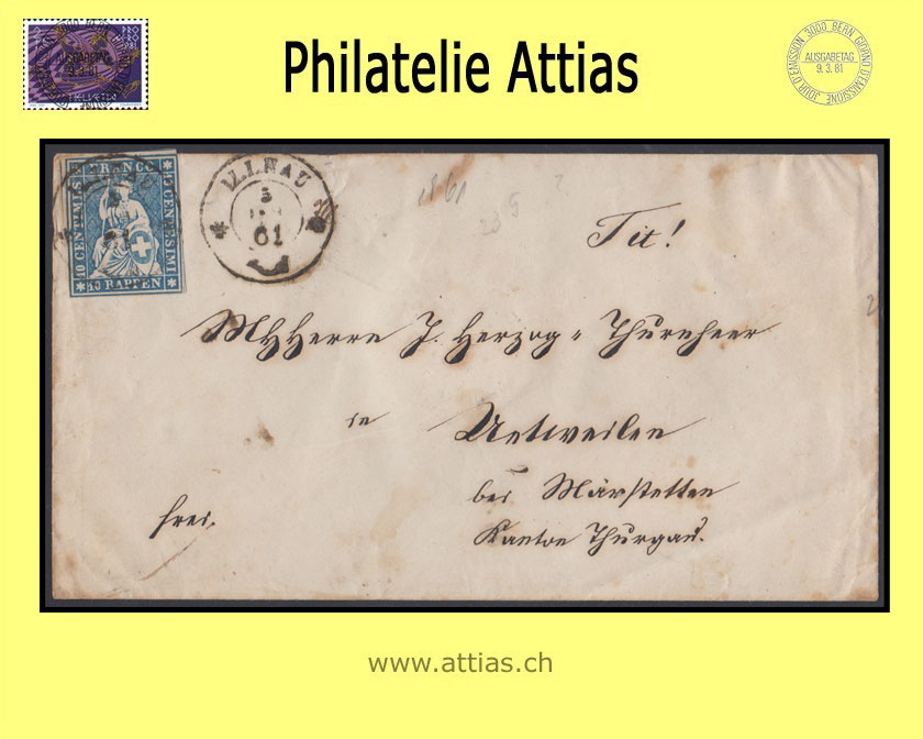 CH 1854-62 Strubel 23G-B4 10 Rp. Letter from Illnau to Uetweilen