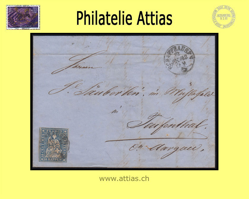 CH 1854-62 Strubel 23G-B4 10 Rp. Brief von Schaffhausen nach Teufental