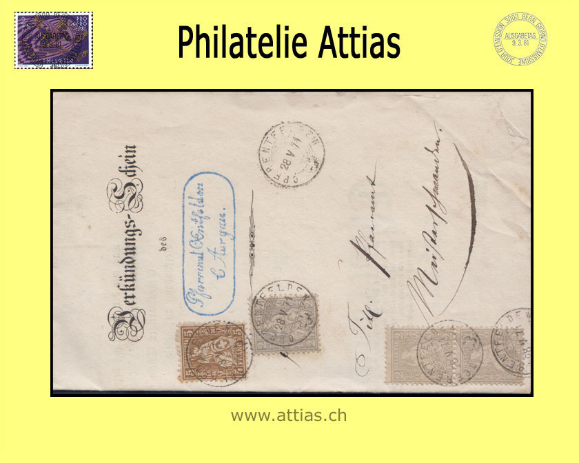 CH 1867 Helvetia assise perforated white paper 28+30b (20+22c) 11 cents folded letter from Oberentfelden to Meisterschwanden