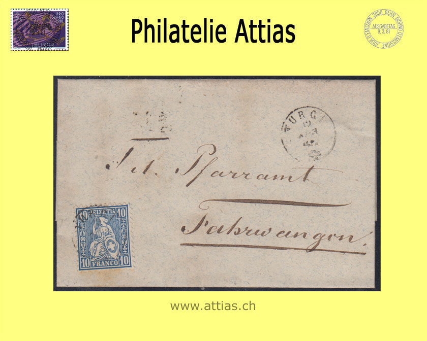 CH 1862 Helvetia assise perforated white paper 31 (23) 10 Rp. folded letter from Turgi to Fahrwangen