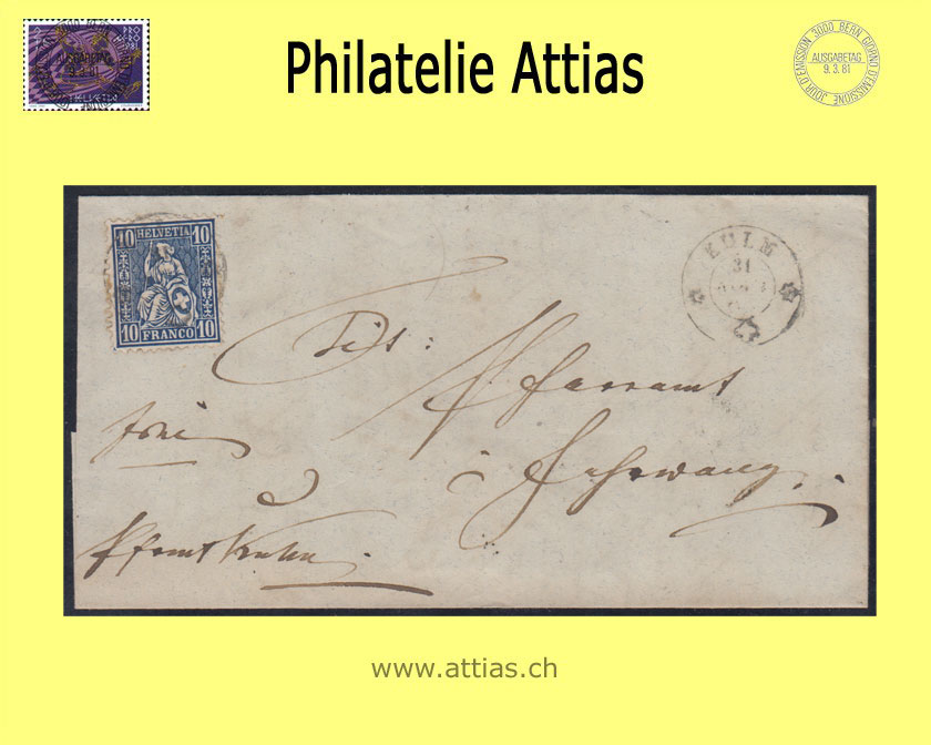 CH 1862 Helvetia assise perforated white paper 31 (23) 10 Rp. folded letter from Kulm to Fahrwangen