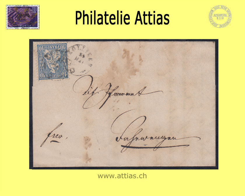 CH 1862 Helvetia assise perforated white paper 31 (23) 10 Rp. folded letter from Kölliken to Fahrwangen
