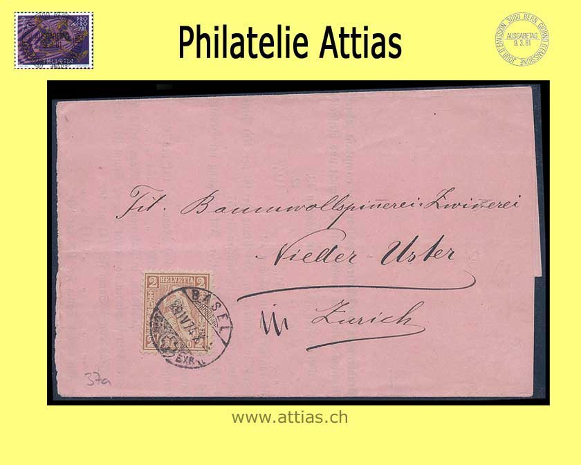 CH 1867 Sitzende Helvetia gezähnt weisses Papier 37a (29b) 2 Rp. Brief von Basel
