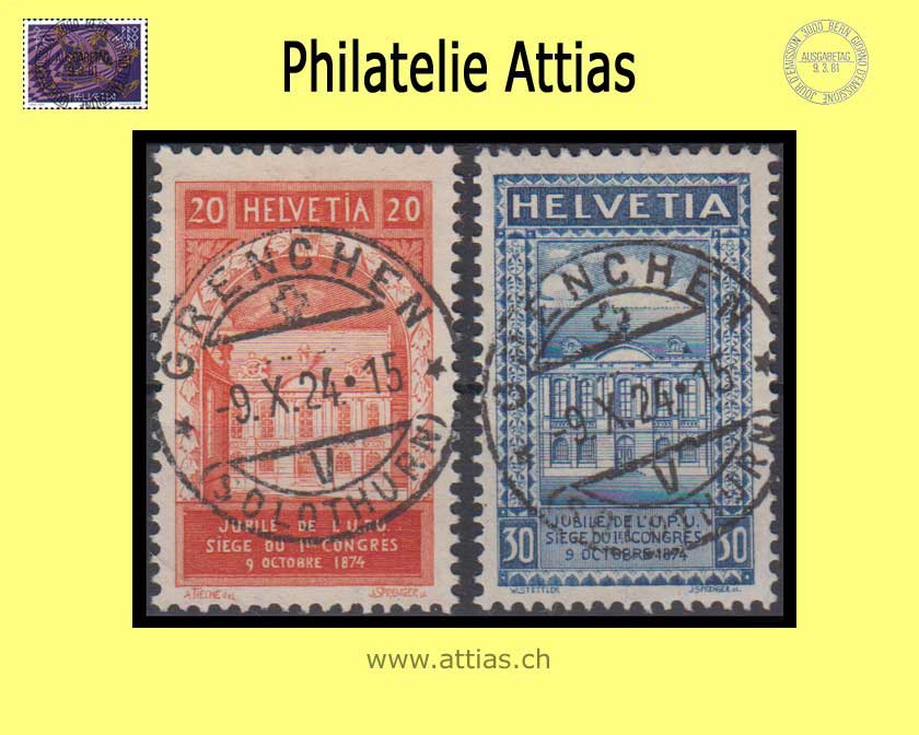 CH 1924 167-168 50 Years UPU Set First Day Full Cancellation Grenchen