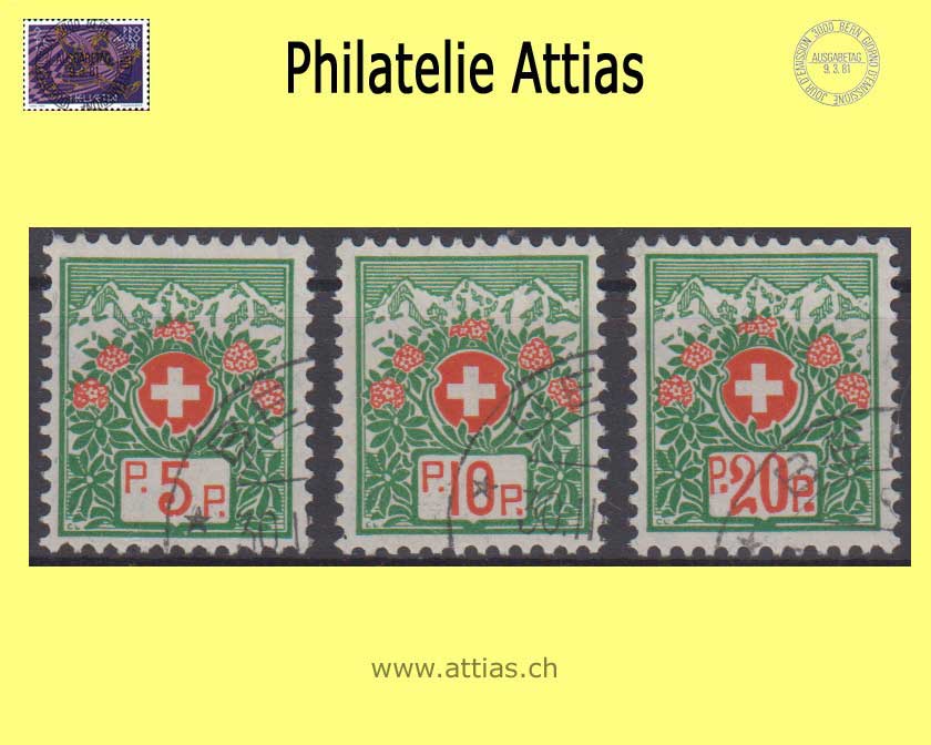 CH 1927 Portofreiheit 11B-13B, Schweizer Wappen und Alpenrosen, Faserpapier, ohne Kontrollnummer, Satz gestempelt