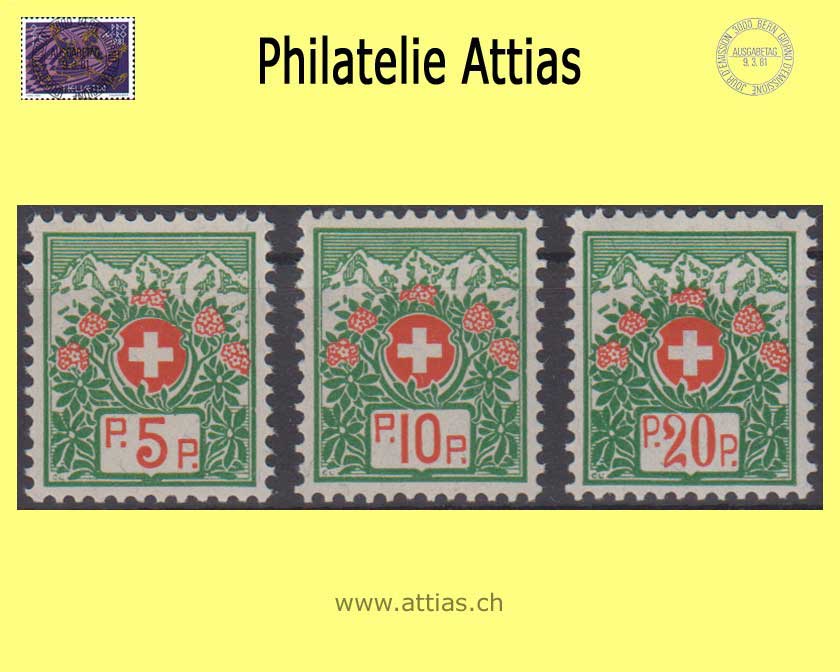 CH 1927 Portofreiheit 11B-13B, Schweizer Wappen und Alpenrosen, Faserpapier, ohne Kontrollnummer, Satz Postfrisch