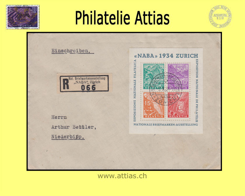 CH 1934 W1 (Bl.01) Block NABA Zürich 1934 Einschreibe-Brief vom 3.X.34