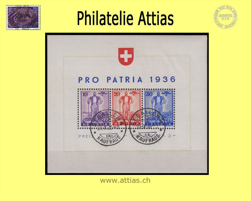 CH 1936 W8 (Bl.02) bloc Pro Patria 1936 Federal military loan FD-Cancellation St.Gallen