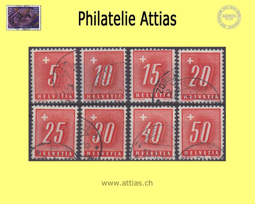 CH 1938 Nachporto 54-61y, Ziffer und Kreuz, glattes Papier, Satz gestempelt