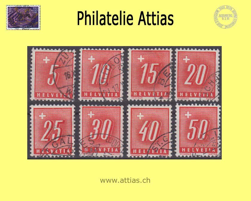 CH 1938 Nachporto 54-61z, Ziffer und Kreuz, geriffeltes Papier, Satz gestempelt