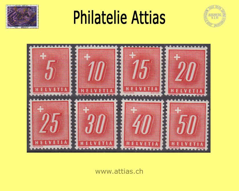 CH 1938 Nachporto 54-61z, Ziffer und Kreuz, geriffeltes Papier, Satz Postfrisch