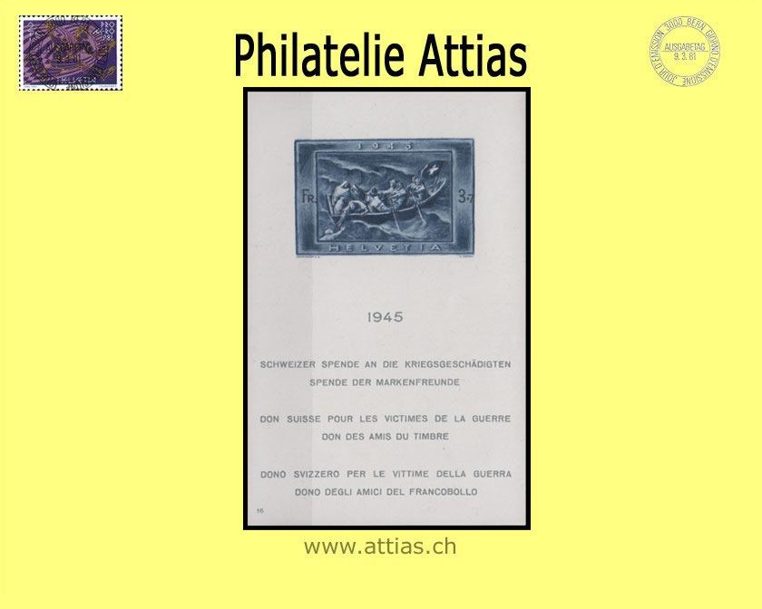 CH 1945 W21I (Bl.11) Block Schweizer Spende an die Kriegsgeschädigten (weisse Gummierung)  Postfrisch