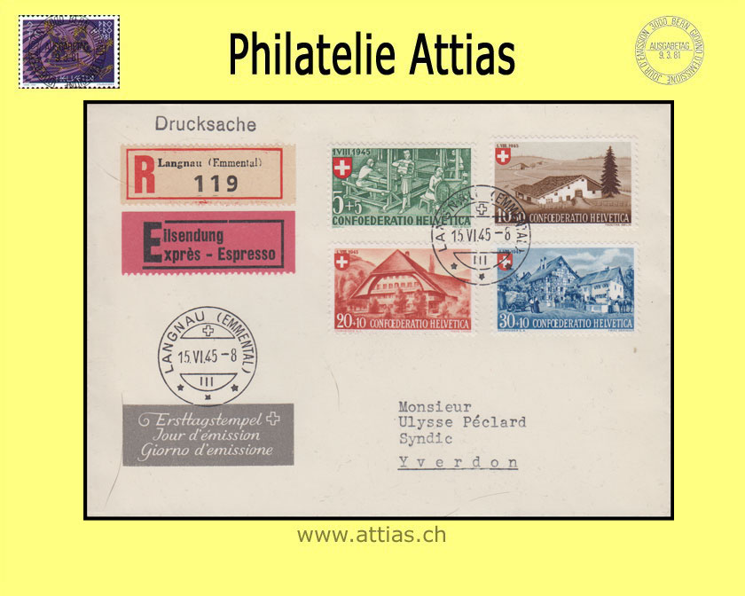 CH 1945 FDC Pro Patria mit Adresse gestempelt Langnau - Eilsendung-Einschreibe-Brief
