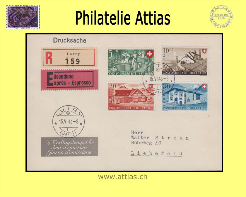 CH 1946 FDC Pro Patria mit Adresse gestempelt LUTRY - Eilsendung-Einschreibe-Brief