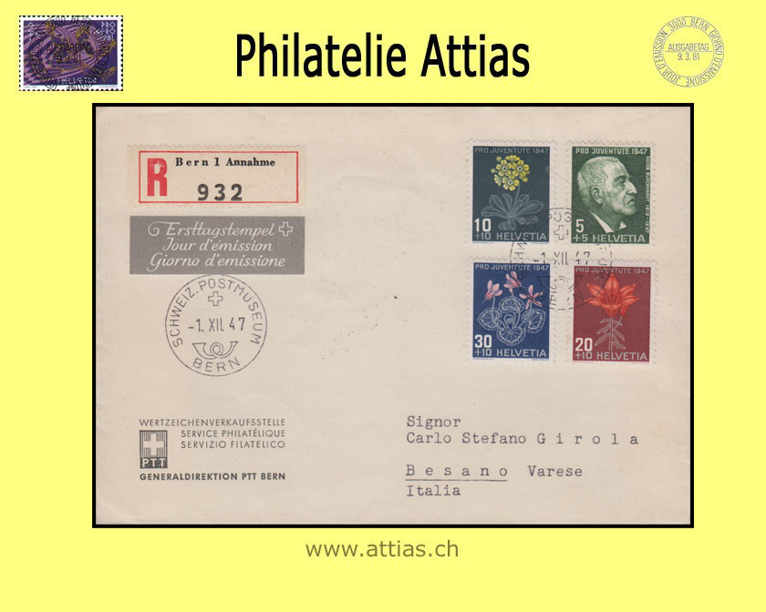 CH 1947 FDC Pro Juventute mit Adresse gestempelt BERN Postmuseum
