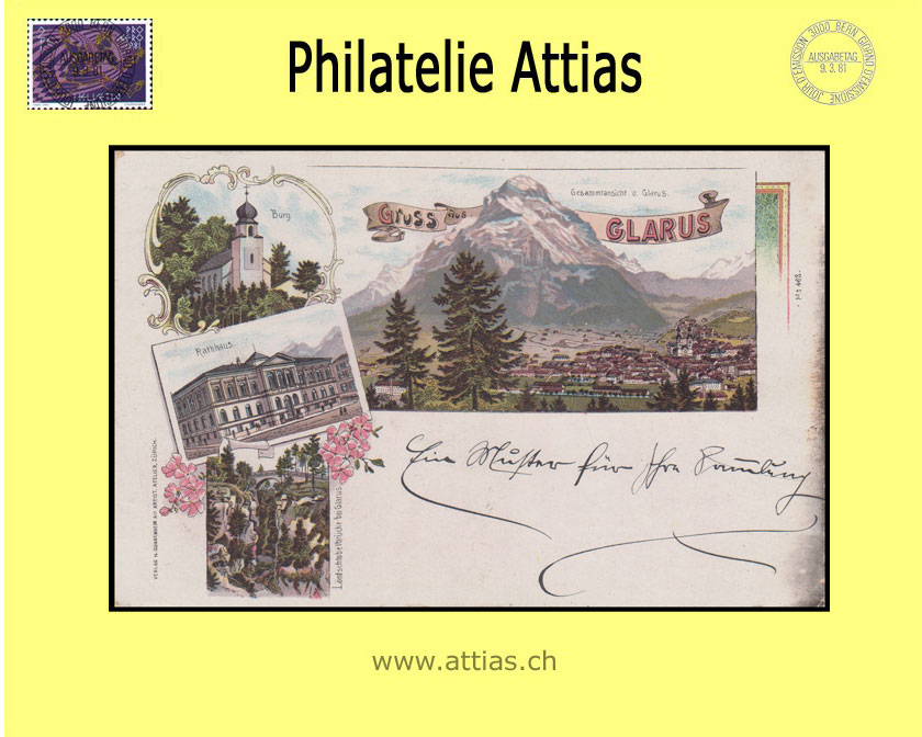 AK Glarus GL Farb-Litho Gruss aus mit 4 Bildern (1898)