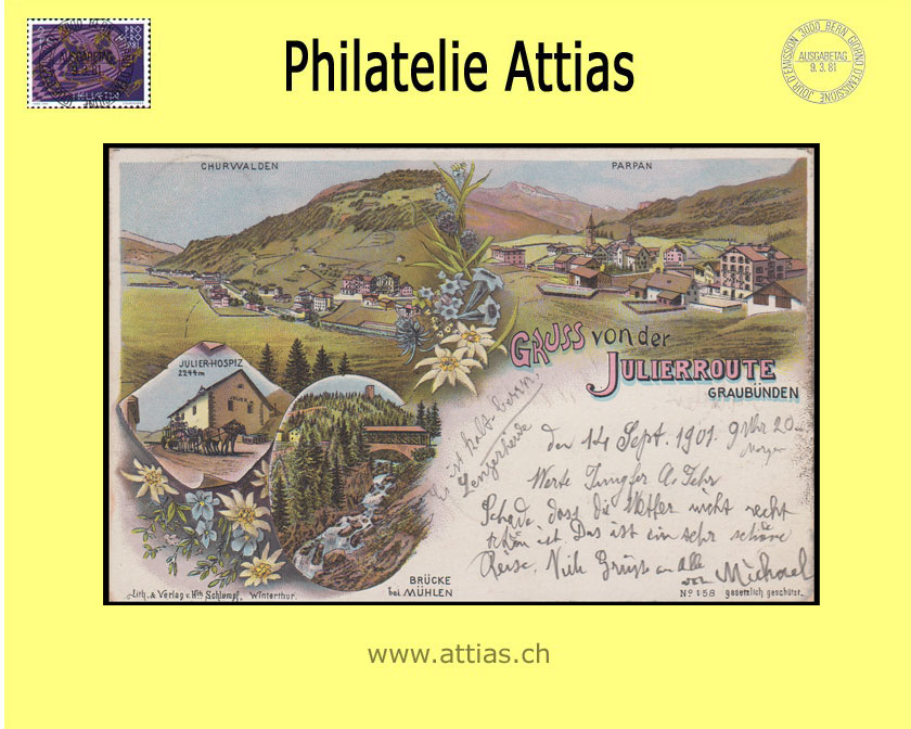 AK Churwalden GR Farb-Litho Gruss von der Julierroute (1901)