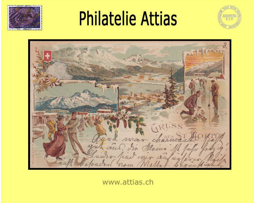 AK St. Moritz GR Farb-Litho Gruss aus mit 3 Bildern (1899)