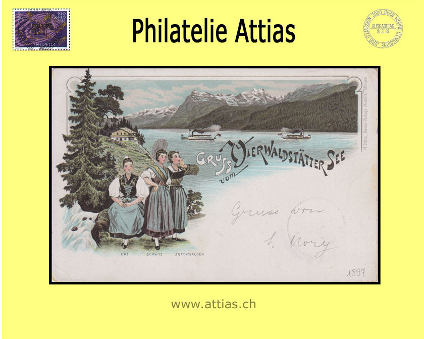 AK Vierwaldstättersee LU Farb-Litho mit Trachten (1897)