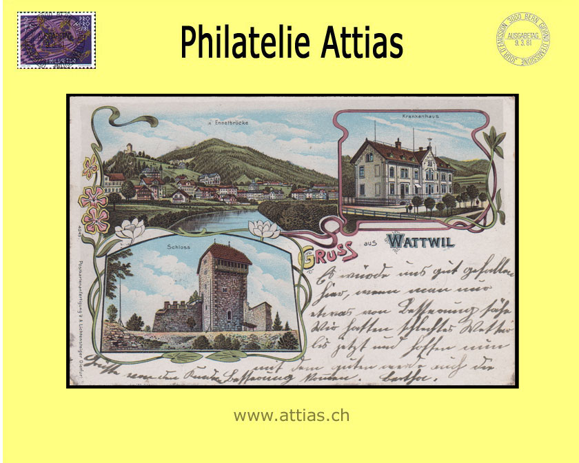 AK Wattwil SG Farb-Litho Gruss aus mit 3 Bildern (1903)