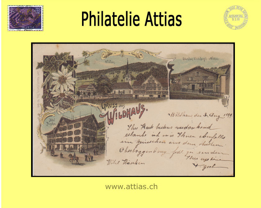 AK Wildhaus SG Farb-Litho Gruss aus mit 3 Bildern (1899)