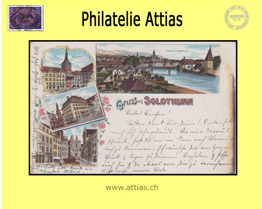 PC Solothurn SO color-litho Gruss aus with 4 pictures (1898)