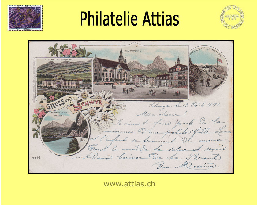 AK Schwyz SZ Farb-Litho Gruss aus mit 4 Bildern (1897)A