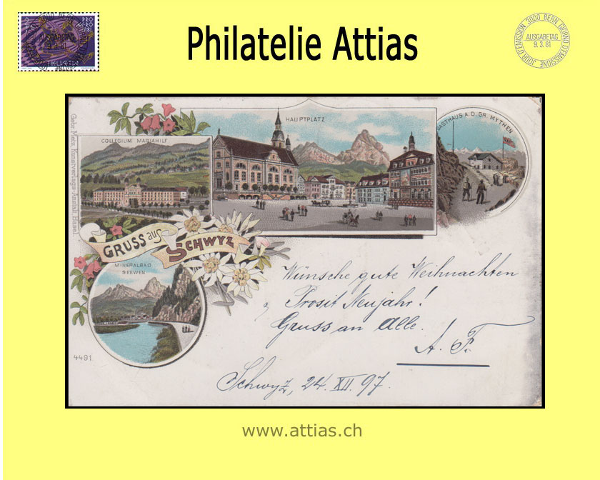 AK Schwyz SZ Farb-Litho Gruss aus mit 4 Bildern (1897)B