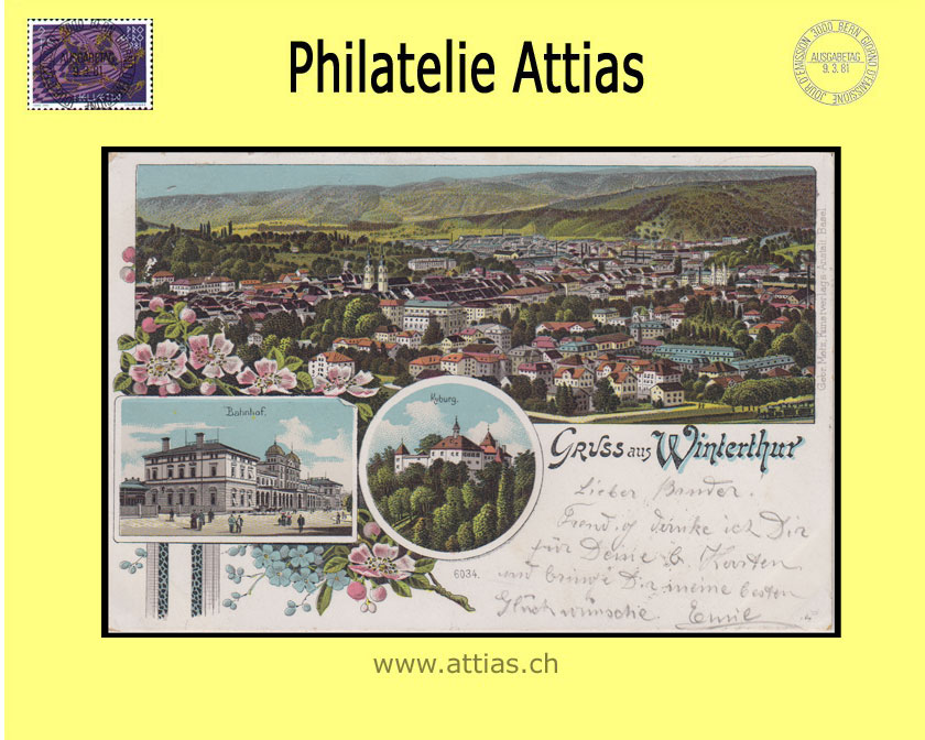 AK Winterthur ZH Farb-Litho Gruss aus mit 3 Bildern (1901)