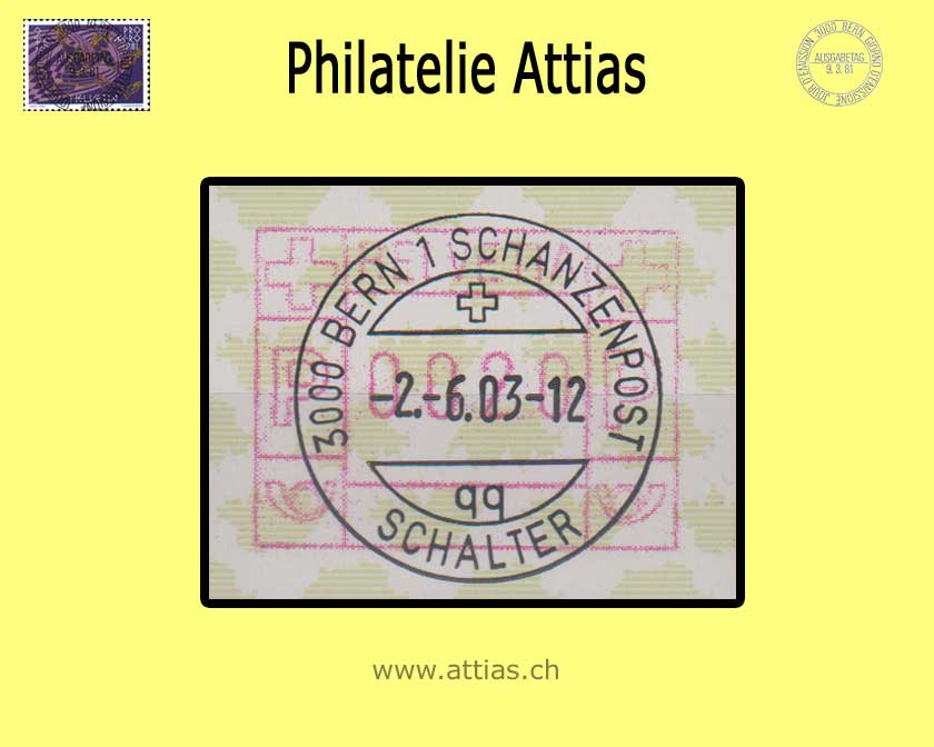 CH 2003 ATM Typ 9y, Einzelwert 0020 mit ET-Vollstempel 02.06.03 Bern