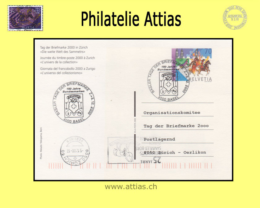 CH 2000 TdB Zürich ZH, Bildpostkarte gestempelt 2.+3.12.2000 4000 Basel - Basler Tage der Briefmarke