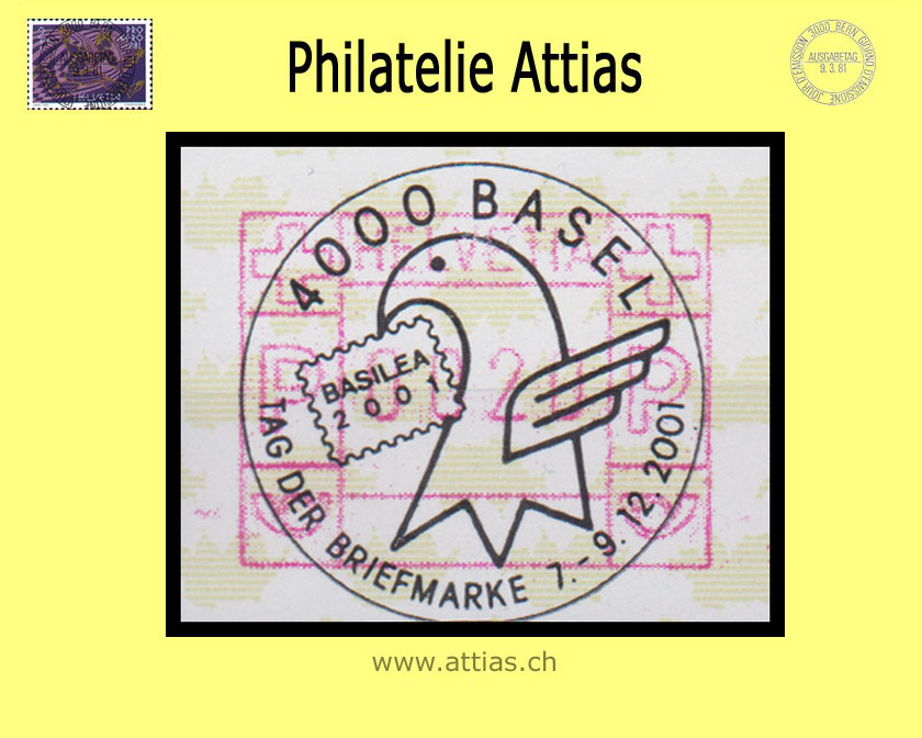 CH 2001 TdB Basel BS, Sonderstempel Tag der Briefmarke 2001 auf Automaten-Marke (ATM)