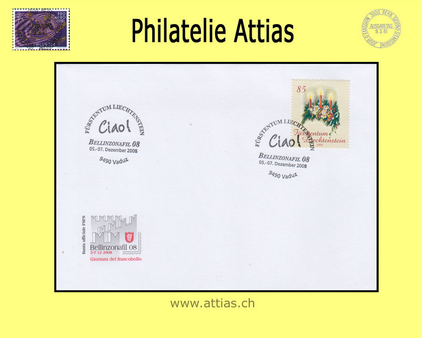 CH 2008 Stamp Day Bellinzona TI, cover C6 with christmas stamp cancelled  05.-07.12.08 - 9490 Vaduz Liechtenstein