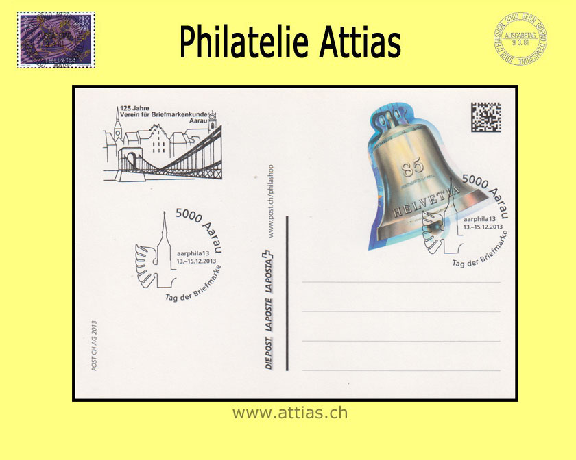 CH 2013 Stamp Day Aarau AG, postal card with imprint 125J. Aarau cancelled 13.-15.12.2013 5000 Aarau