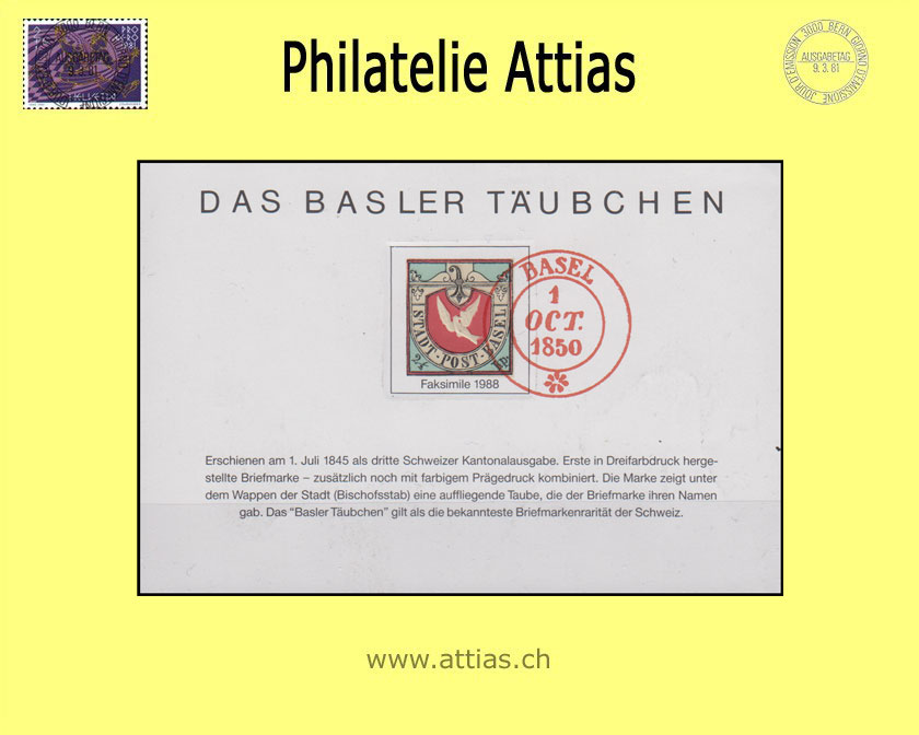 CH 1845 Das Basler Täubchen - Faksimile (1988)