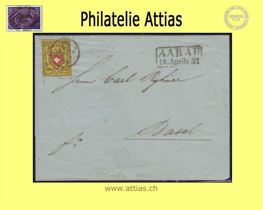 CH 1850 Rayon II 16IIf - Type 19 - A3-RO - P.P im Kreis - Brief von Aarau nach Basel