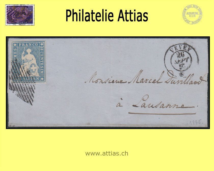 CH 1854-62 Strubel 23A-A3 10 Rp. part of letter from Vevey to Lausanne