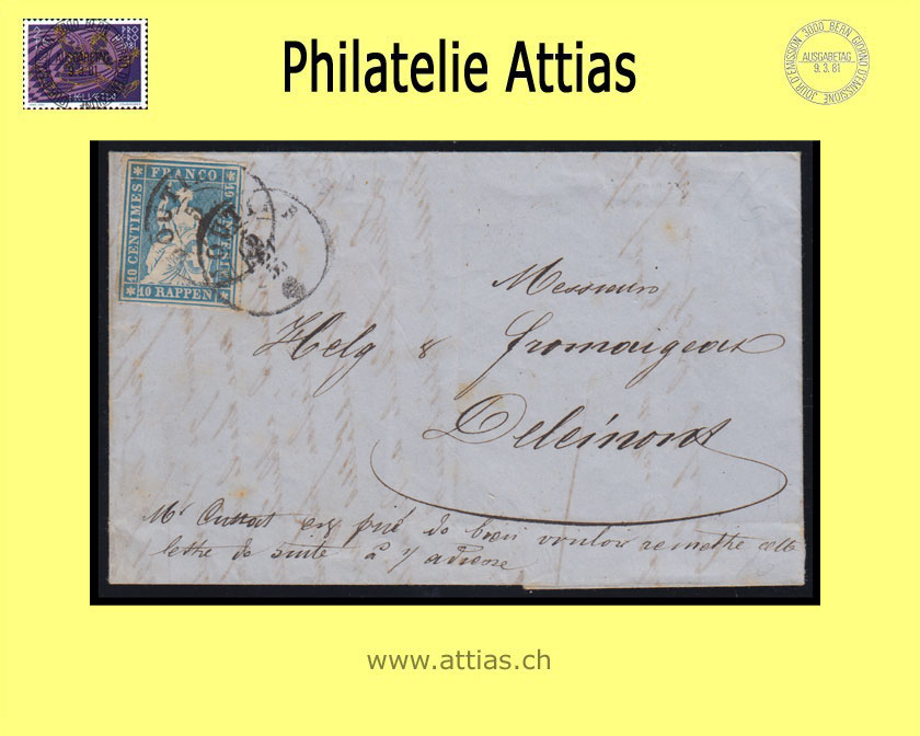 CH 1854-62 Strubel 23Aa-A1 10 Rp. letter from Moutier to Delemont