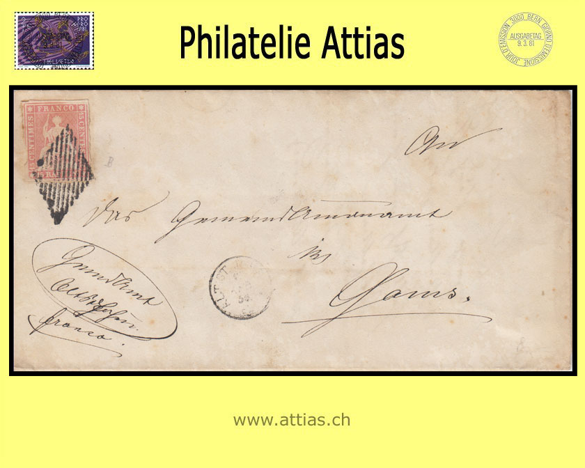 CH 1854-62 Strubel 24B-B1 15 Rp. with black rhombus, letter from Alt St. Johann to Gams