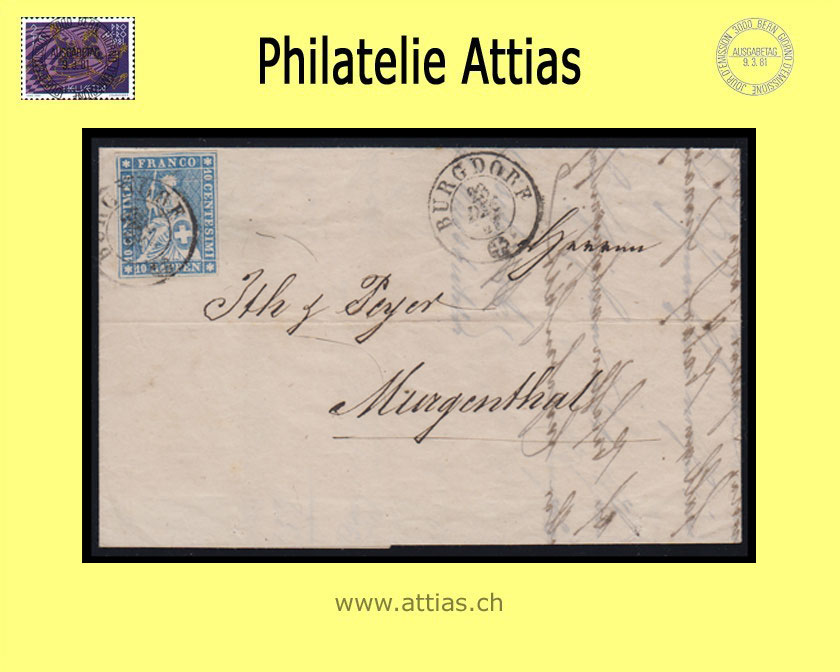 CH 1854-62 Strubel 23C-B3 10 Rp. letter from Burgdorf to Murgental