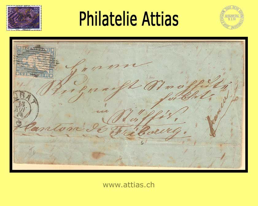 CH 1854-62 Strubel 23F-B1m 10 Rp. letter from Murten to Stäffis