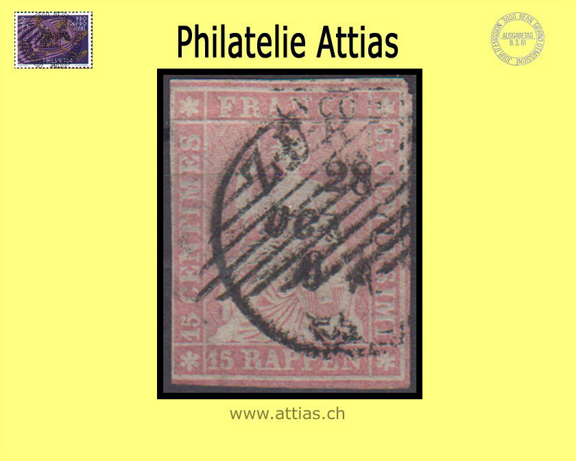 CH 1854-62 Strubel 24F-B1m 15 Rp. with black rhombus and Cancellation Zürich