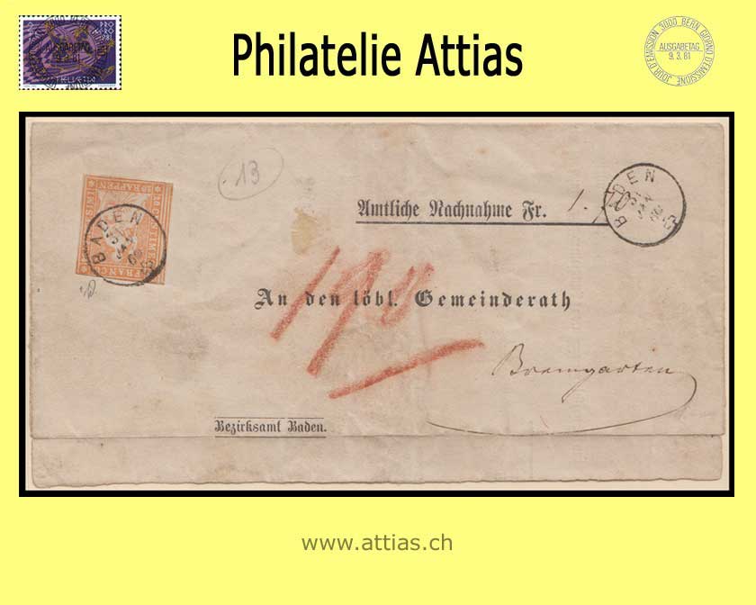 CH 1854-62 Strubel 25D-B3 20 Rp. letter from Baden to Bremgarten