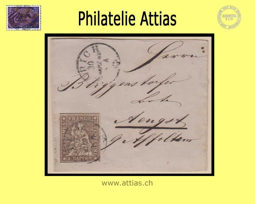 CH 1854-62 Strubel 22G-B4 5 Rp. letter from Zürich to Aeugst a.A.
