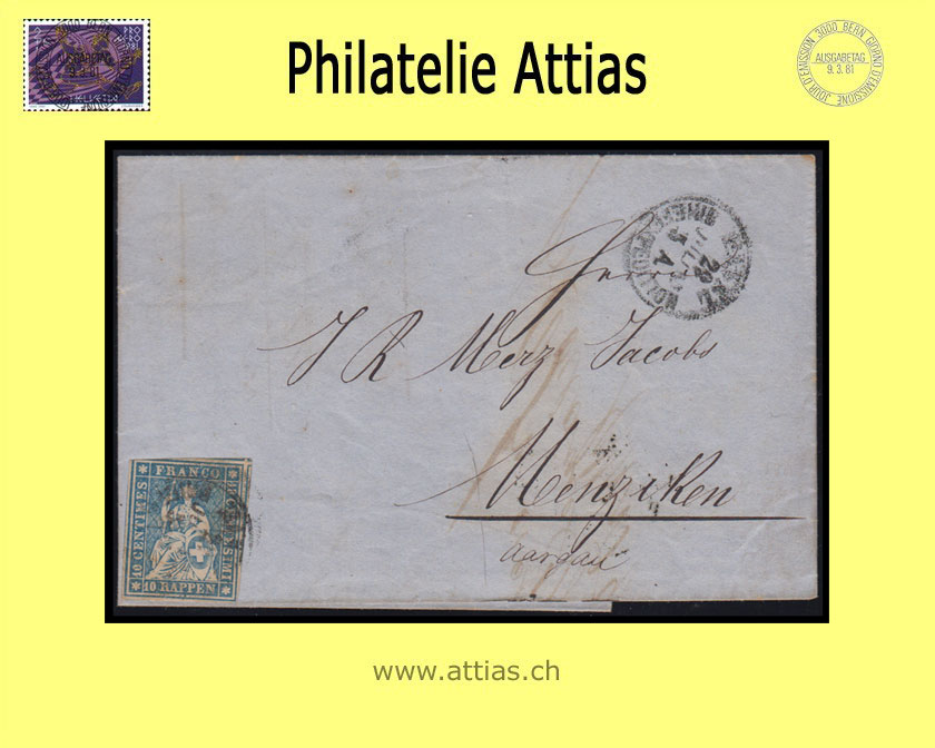 CH 1854-62 Strubel 23G-B4 10 Rp. Letter from Basel to Menziken