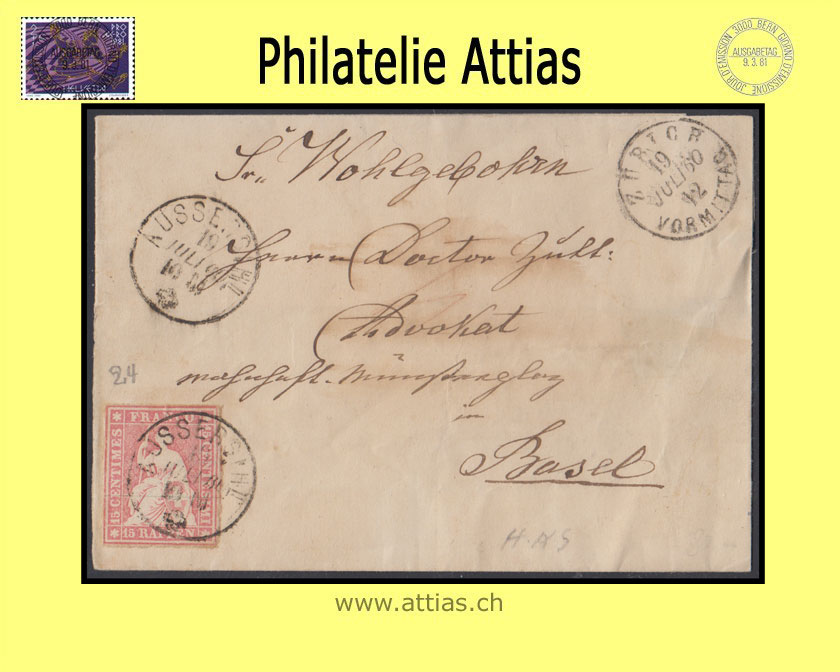 CH 1854-62 Strubel 24G-B4.V 15 Rp. Brief von Aussersihl nach Basel