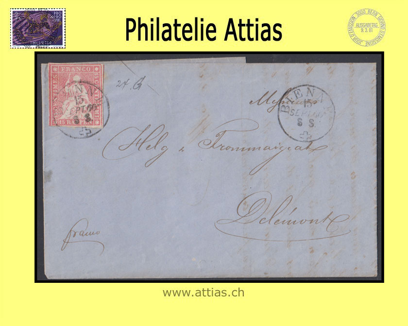 CH 1854-62 Strubel 24G-B4 15 Rp. Brief von Bienne nach Delémont