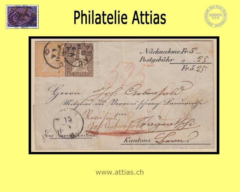 CH 1854-62 Strubel 25G-B4+22G-B4 20+5 Rp. letter from Aarau to Tägertschi