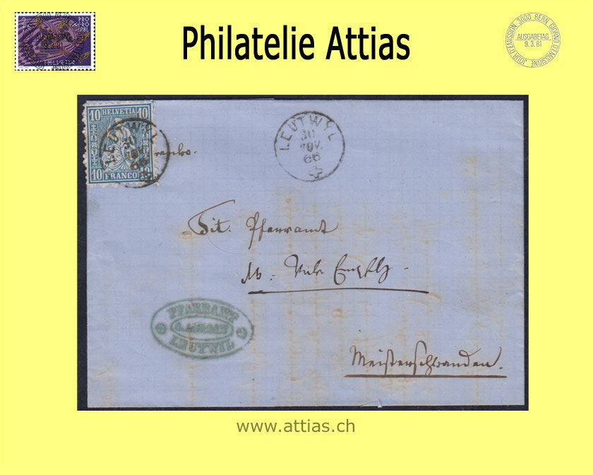 CH 1862 Helvetia assise perforated white paper 31 (23) 10 Rp. folded letter from Leutwil to Meisterschwand